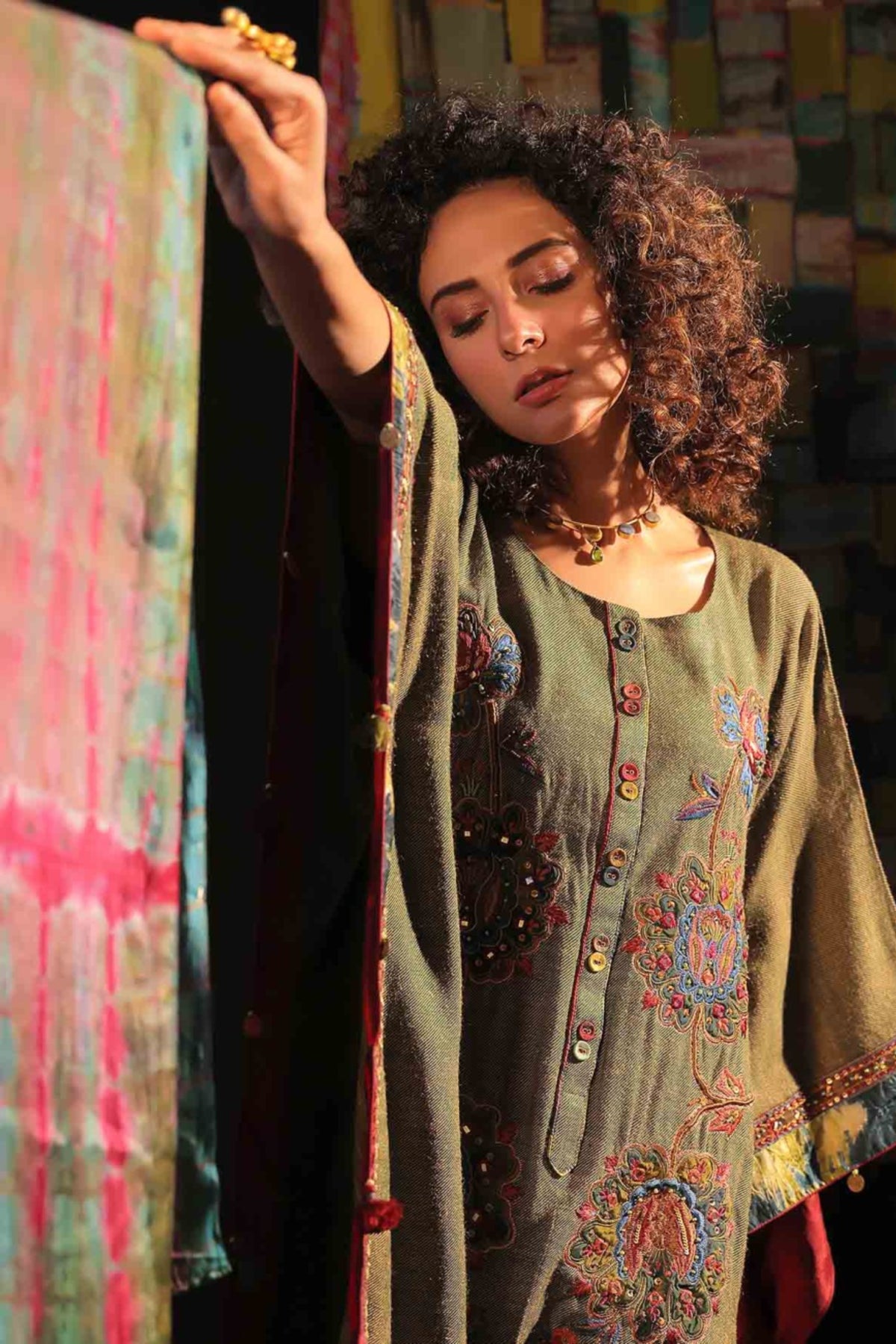 Feezah Wool Kaftan Shirt With Stole