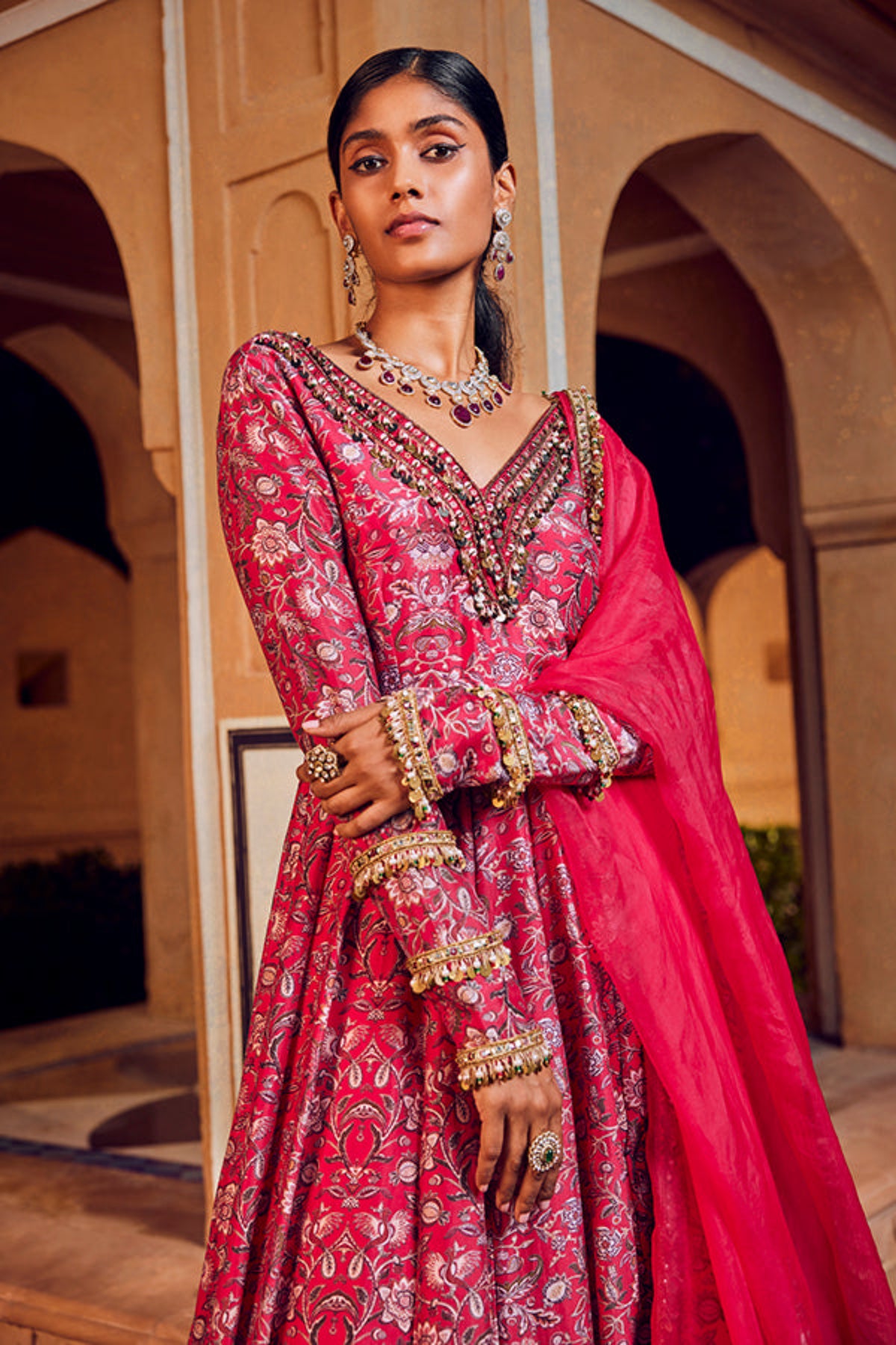 Retro Love Pink Embellished Printed Anarkali Set