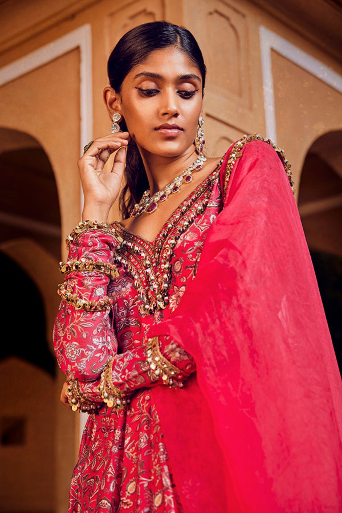 Retro Love Pink Embellished Printed Anarkali Set