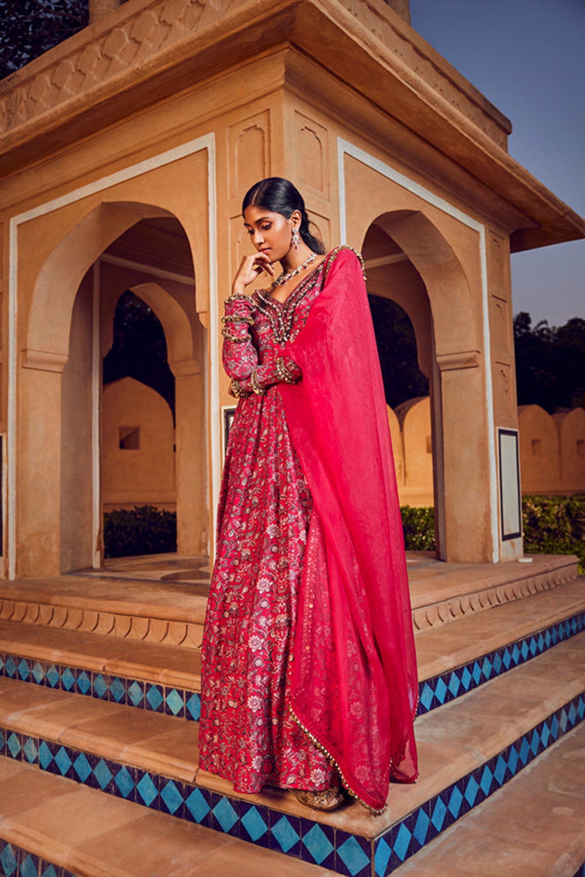 Retro Love Pink Embellished Printed Anarkali Set