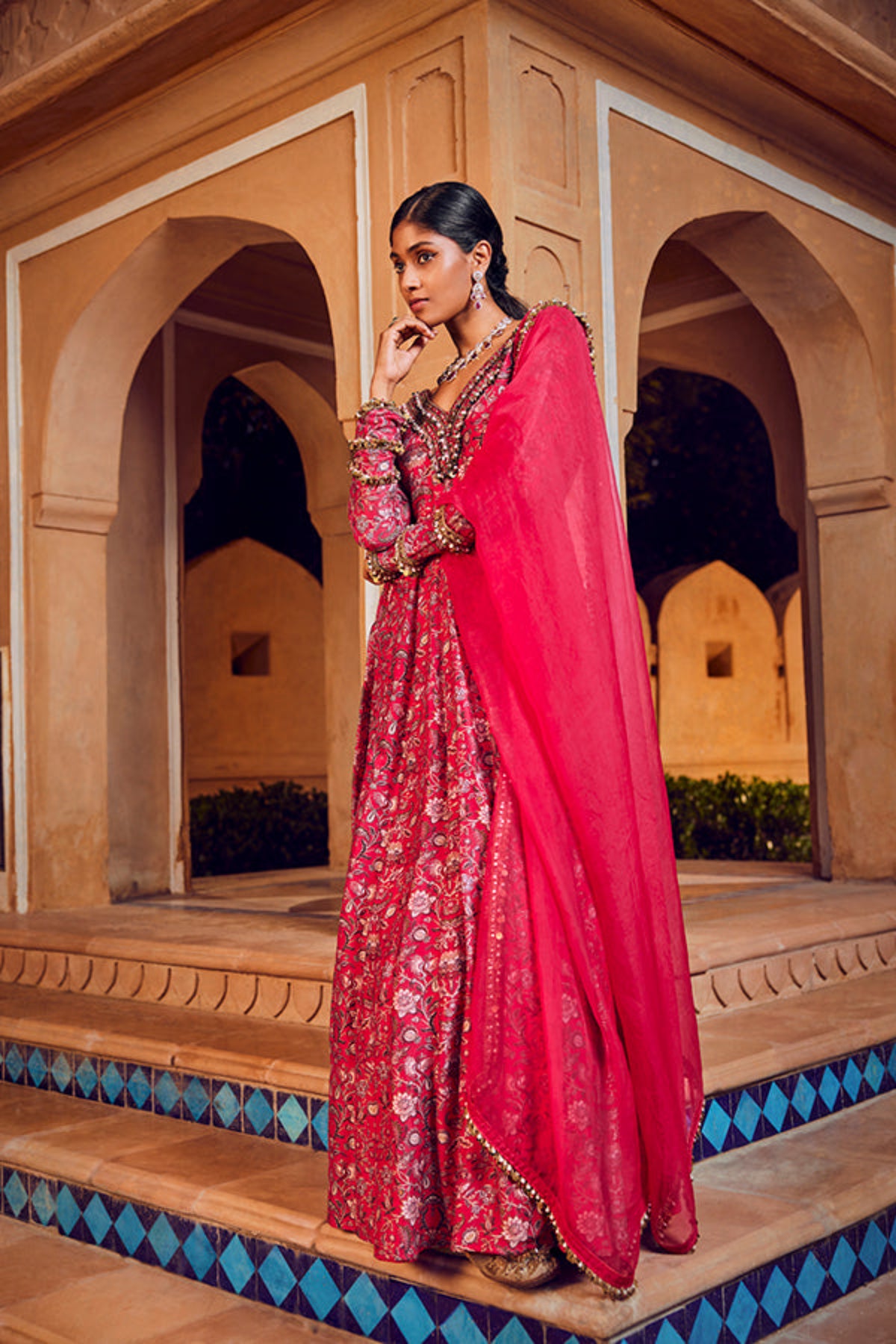 Retro Love Pink Embellished Printed Anarkali Set