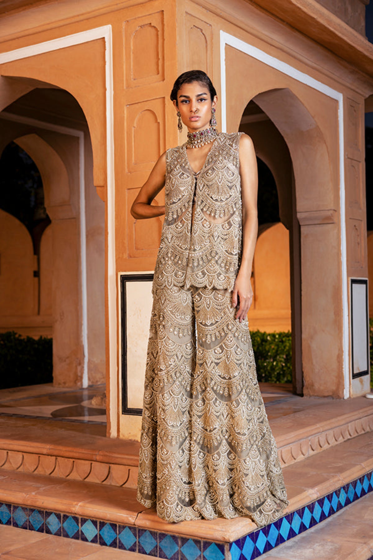 Retro Love Gold Embellished Garara Jacket Set