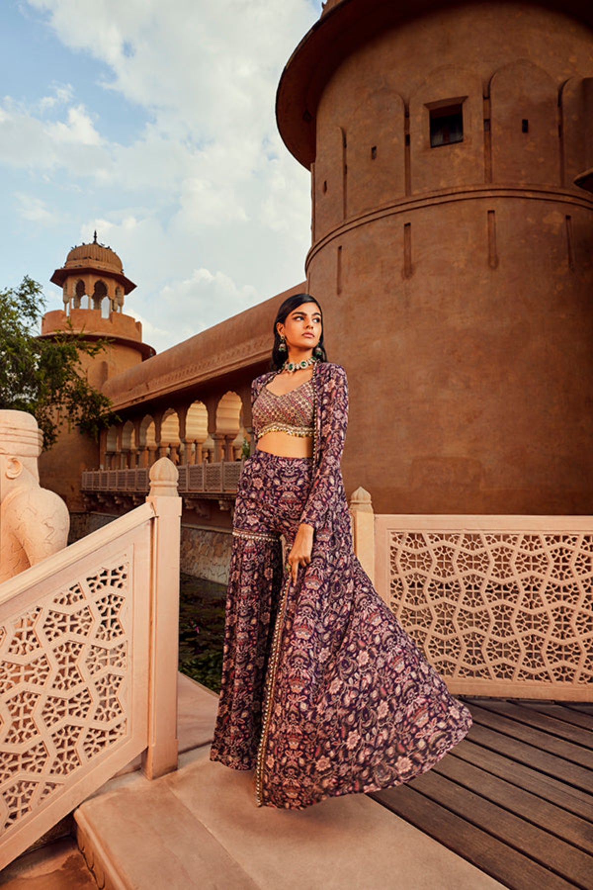 Retro Love Purple Embellished Printed Jacket &amp; Sharara Set