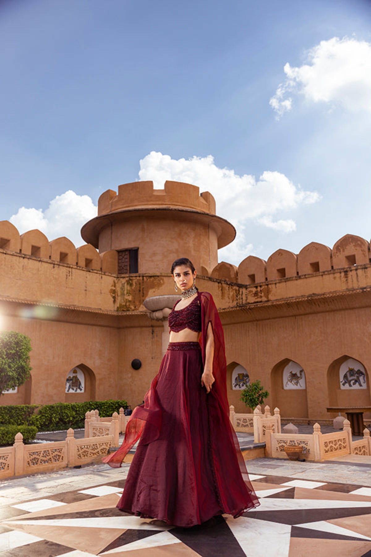 Retro Love Plum Scallop Embroidered Skirt Set