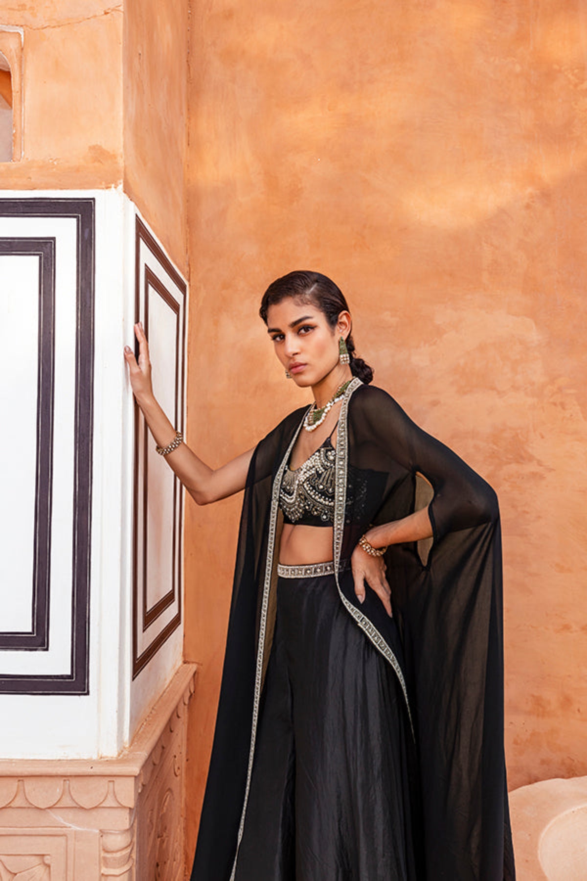 Retro Love Black Pearl Embellished Palazzo Set With Cape
