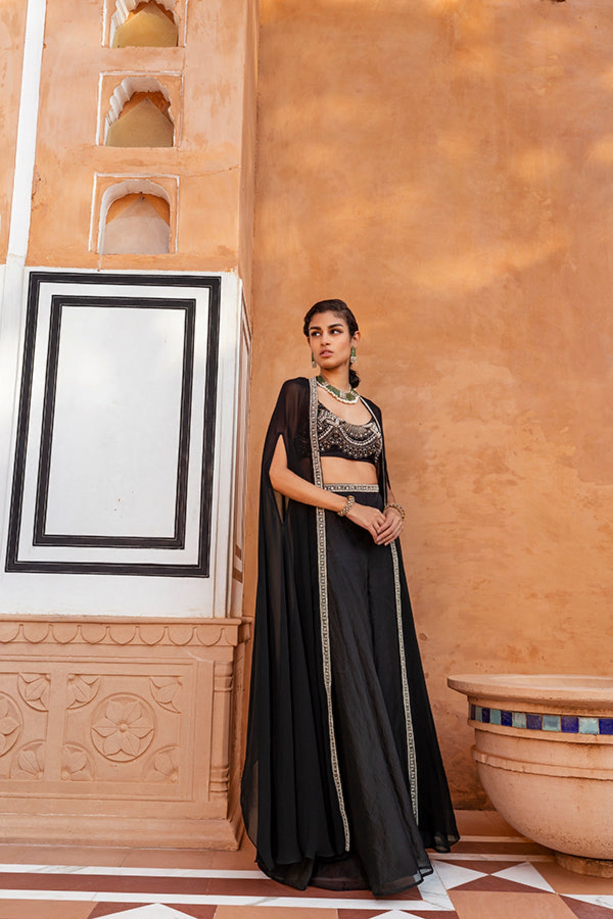 Retro Love Black Pearl Embellished Palazzo Set With Cape