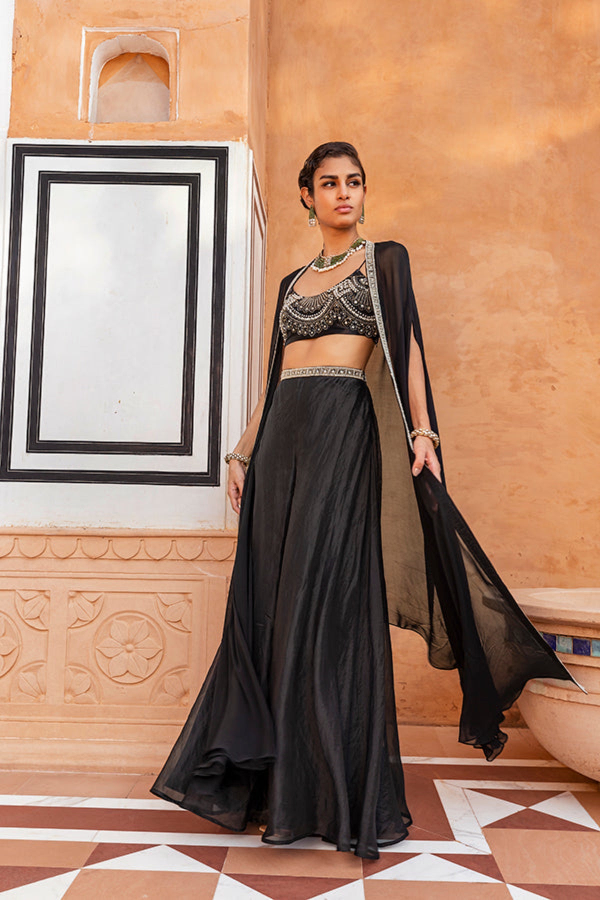 Retro Love Black Pearl Embellished Palazzo Set With Cape