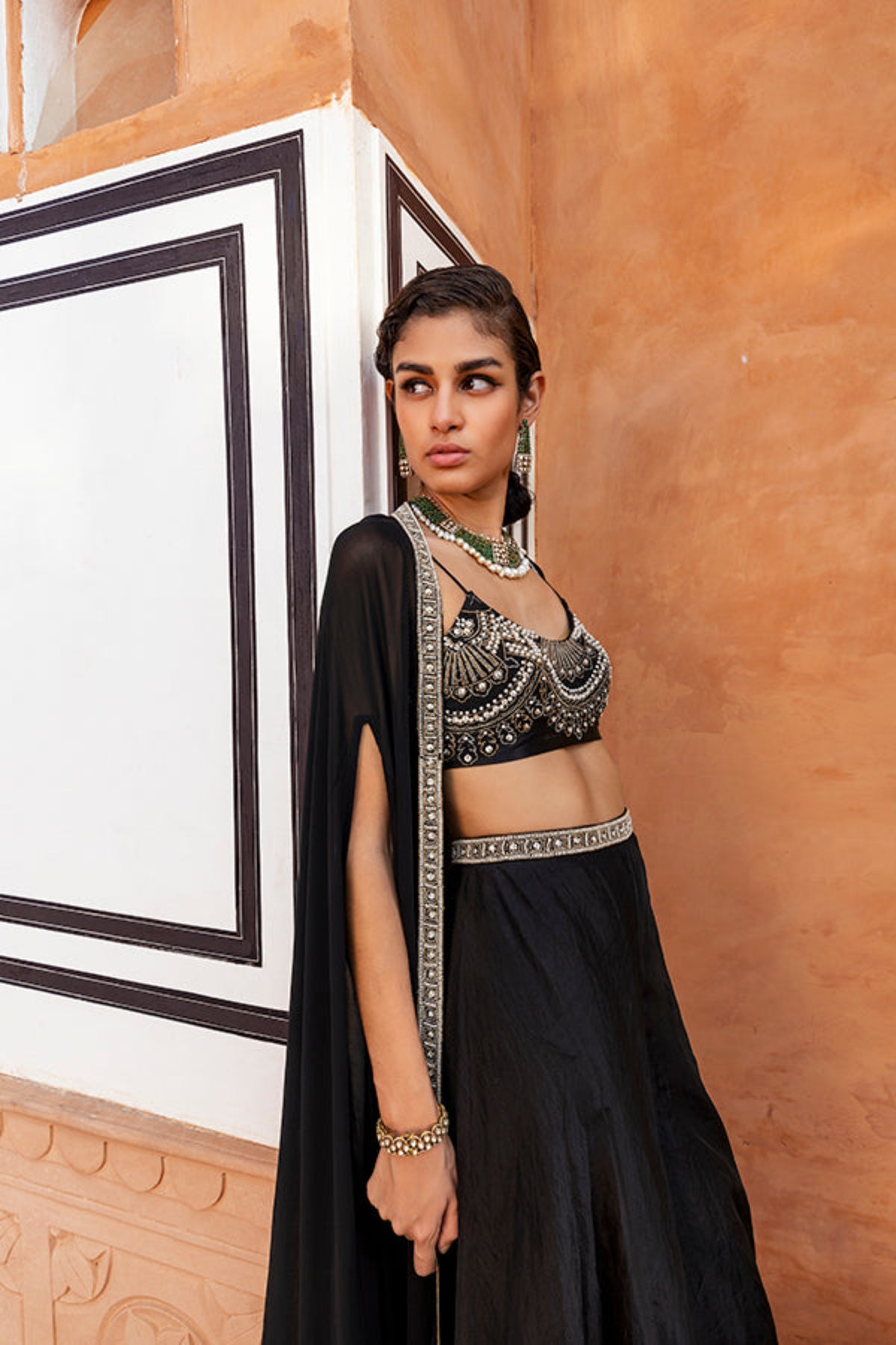 Retro Love Black Pearl Embellished Palazzo Set With Cape
