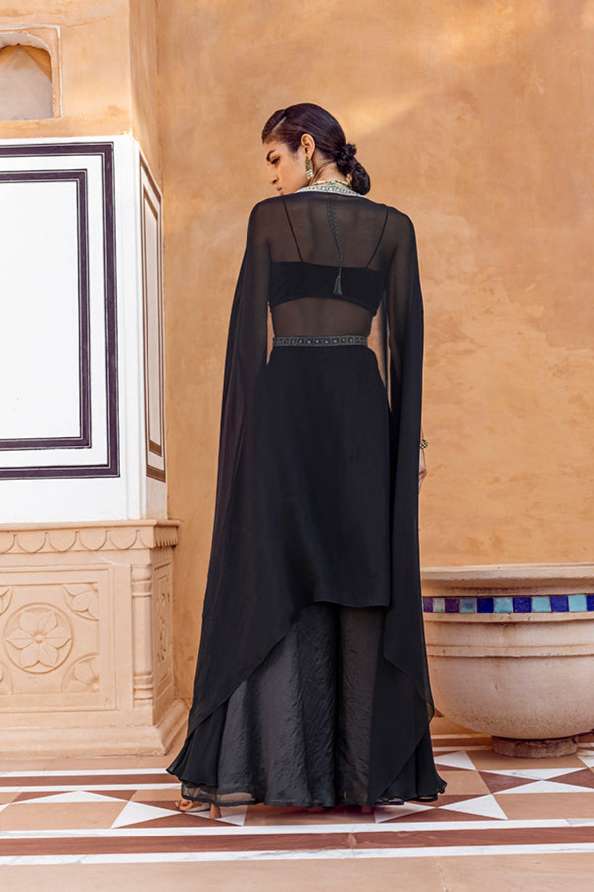 Retro Love Black Pearl Embellished Palazzo Set With Cape