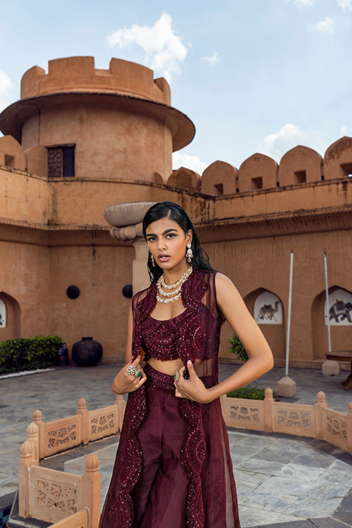 Retro Love Plum Scallop Embellished Long Jacket Set