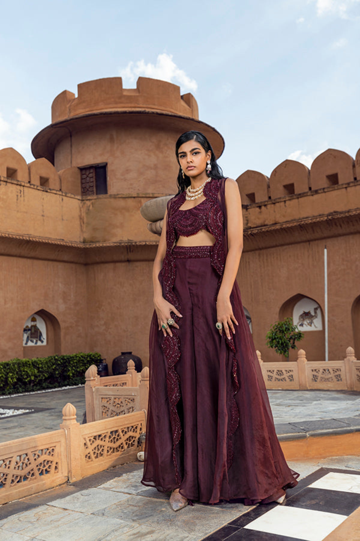 Retro Love Plum Scallop Embellished Long Jacket Set