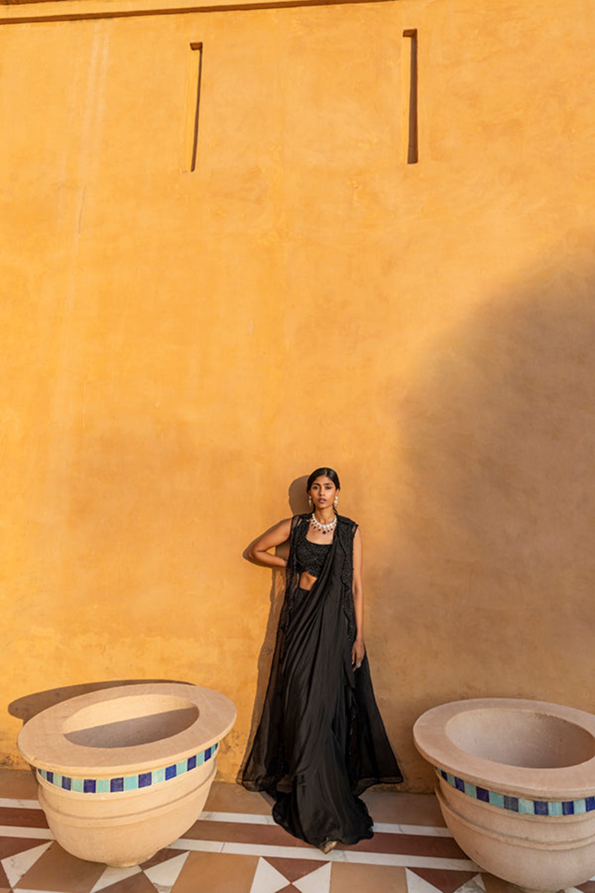 Retro Love Black Pre Draped Saree Set With Long Cape Jacket