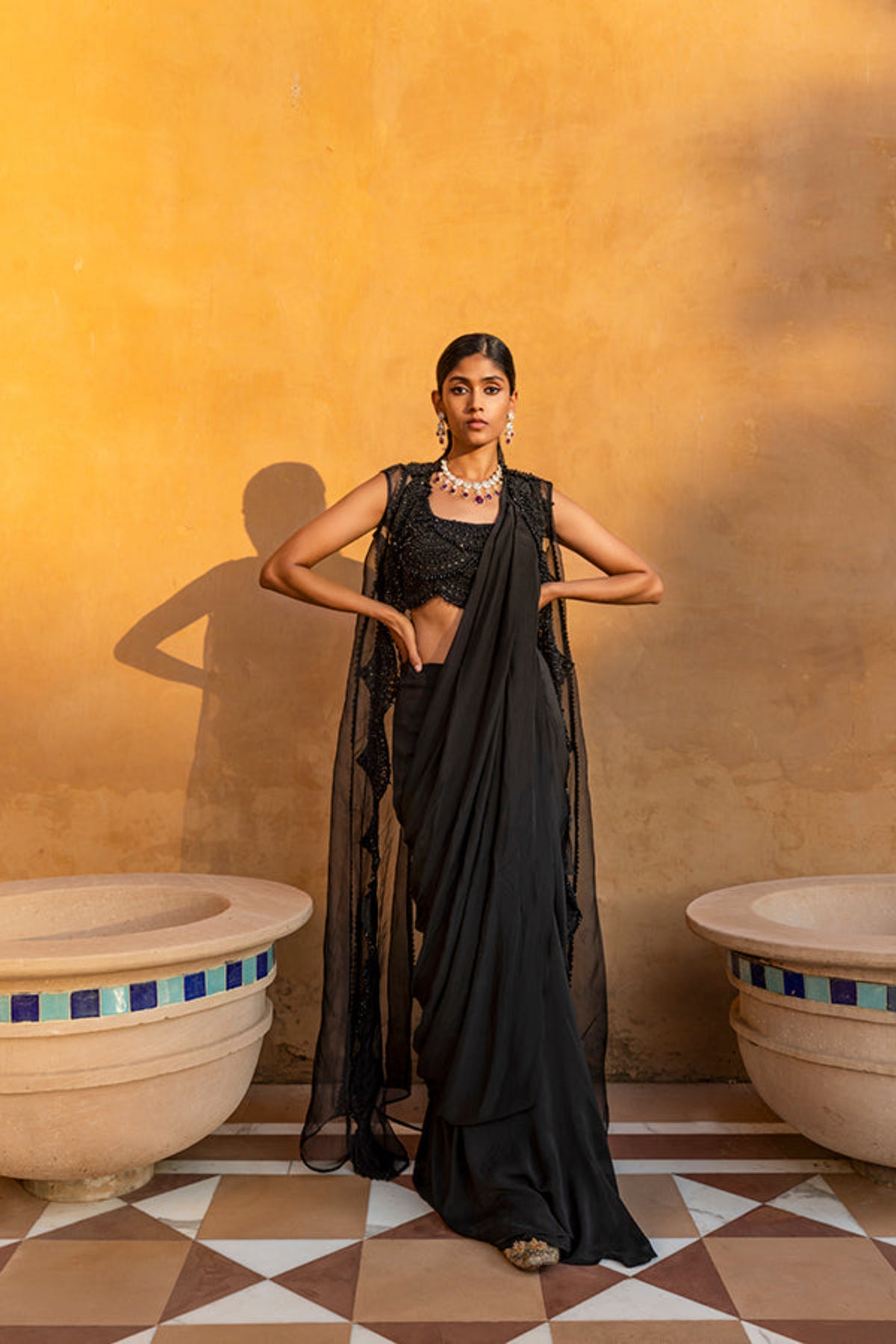 Retro Love Black Pre Draped Saree Set With Long Cape Jacket