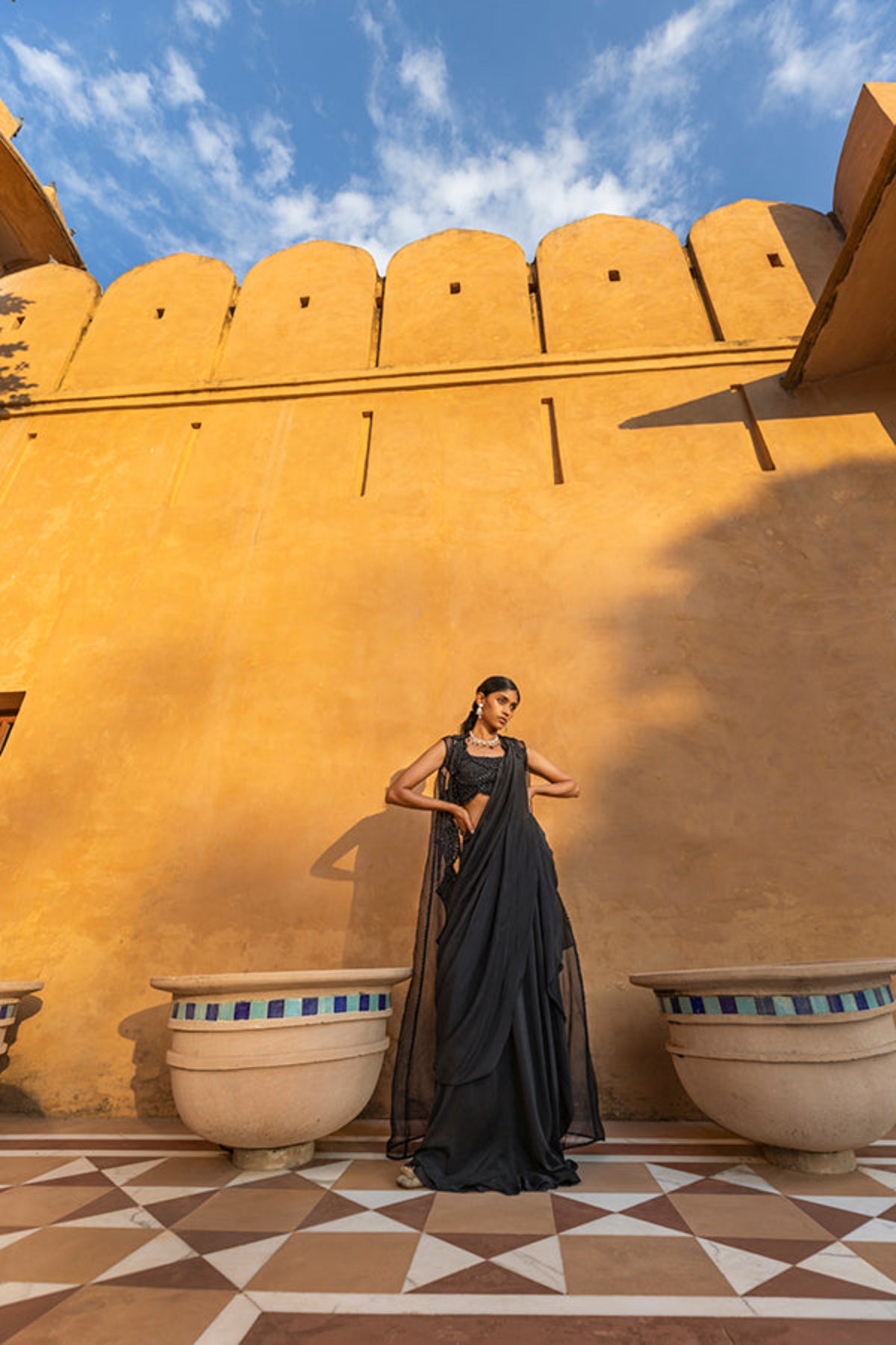 Retro Love Black Pre Draped Saree Set With Long Cape Jacket
