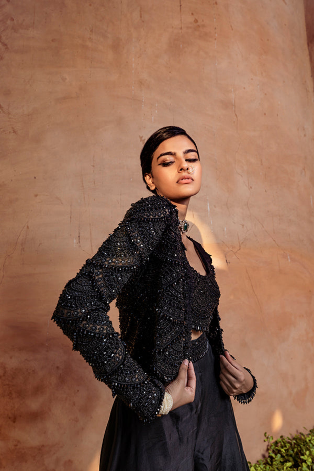 Retro Love Black Scallop Embellished Jacket With Palazzo Set