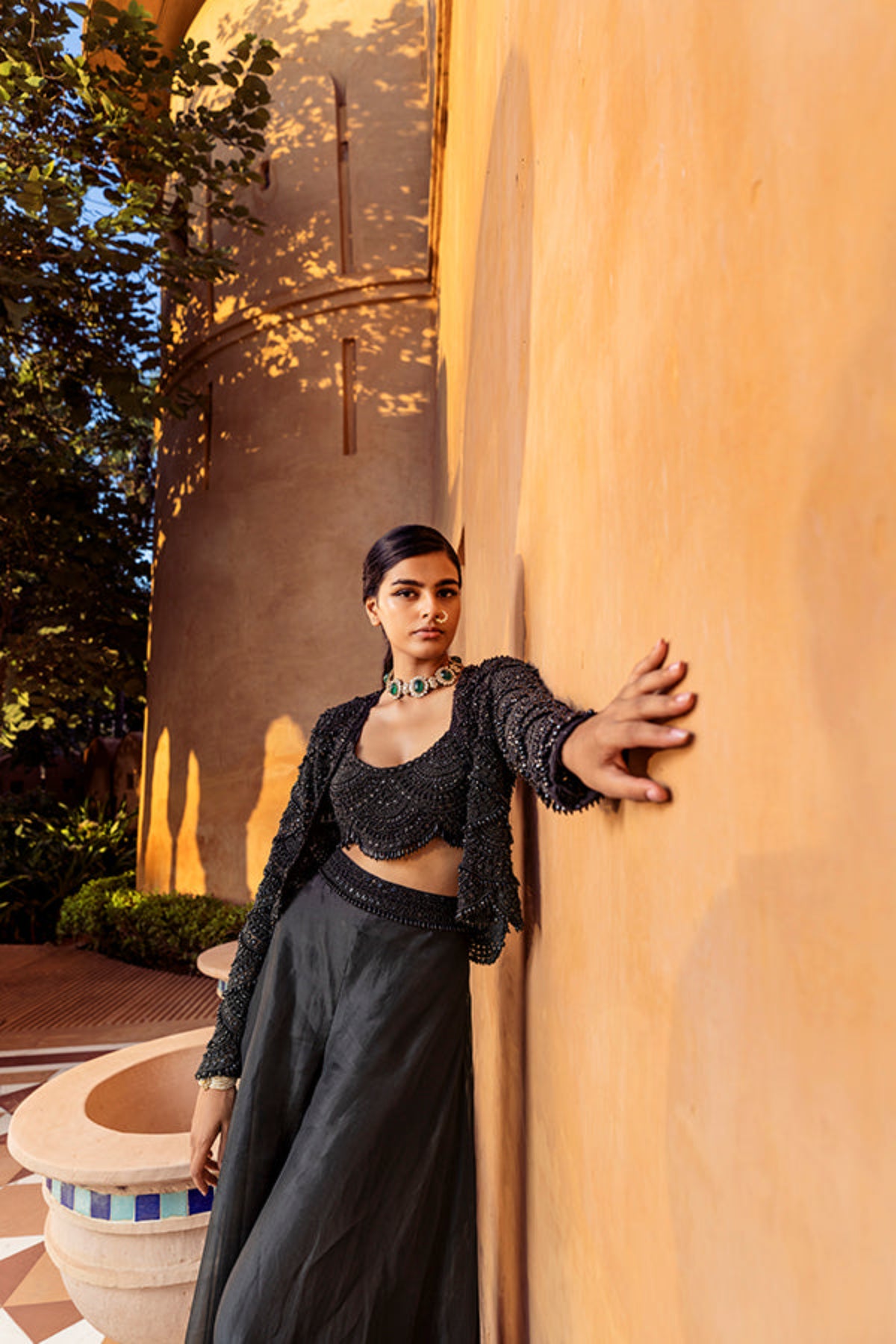 Retro Love Black Scallop Embellished Jacket With Palazzo Set