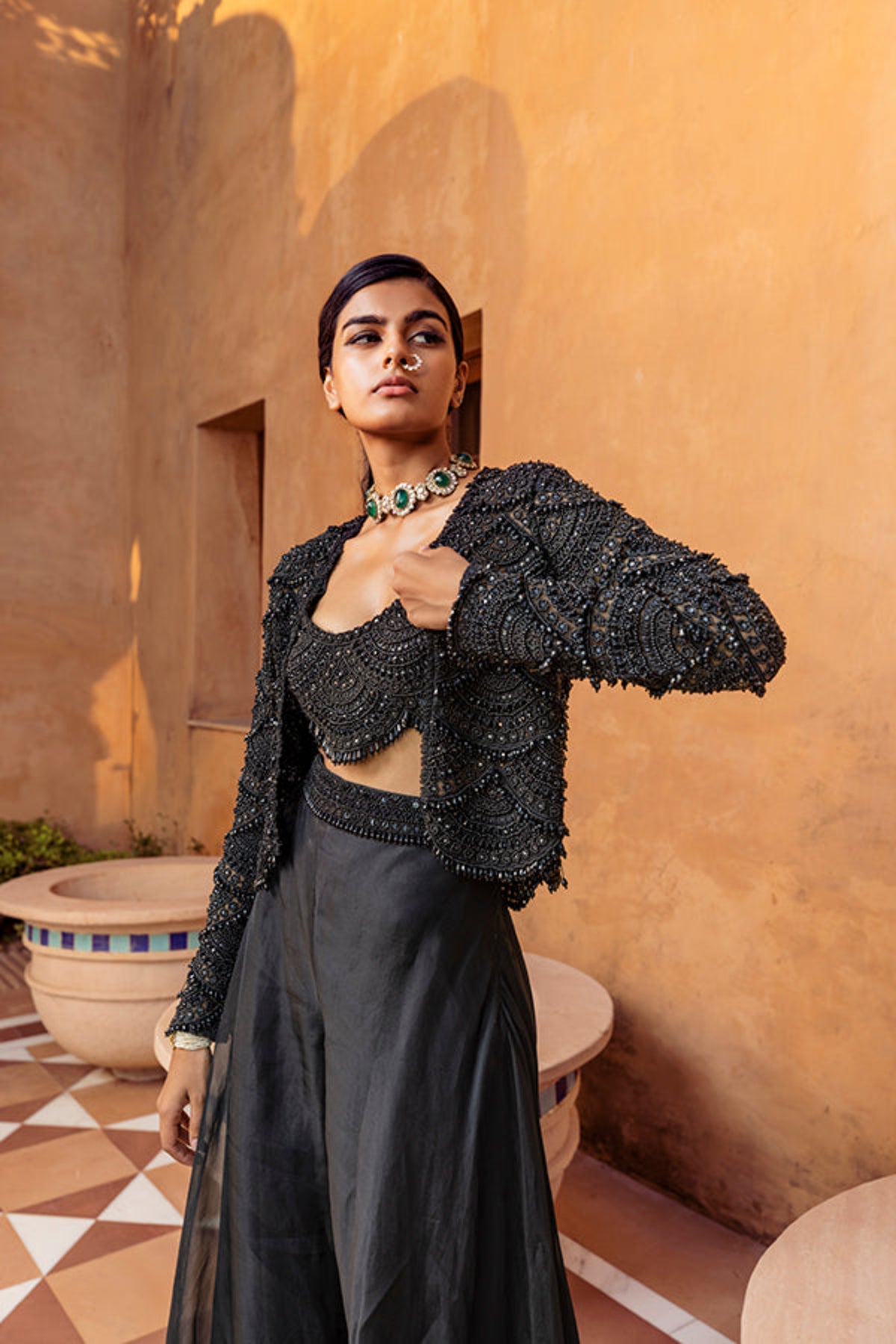 Retro Love Black Scallop Embellished Jacket With Palazzo Set