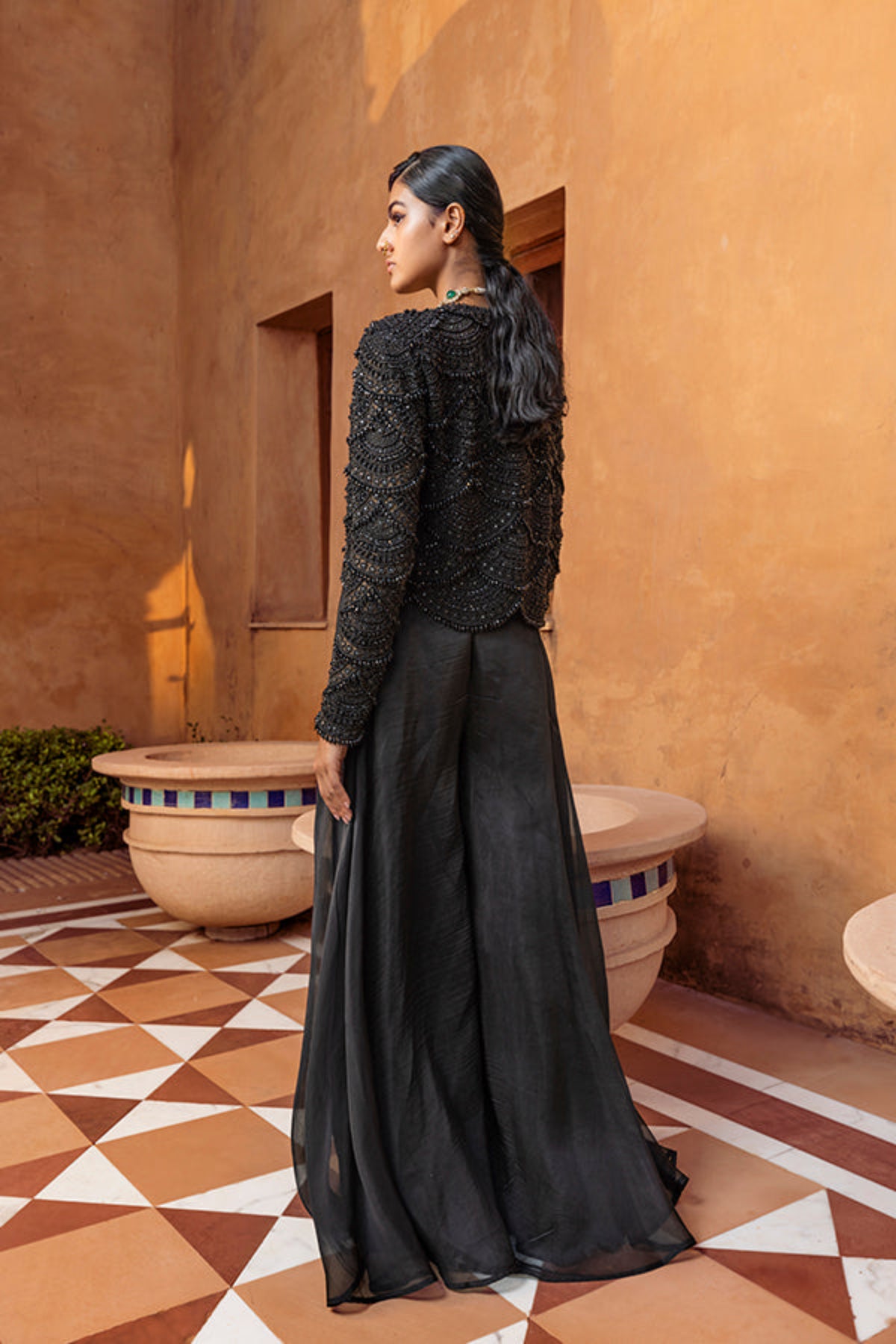 Retro Love Black Scallop Embellished Jacket With Palazzo Set
