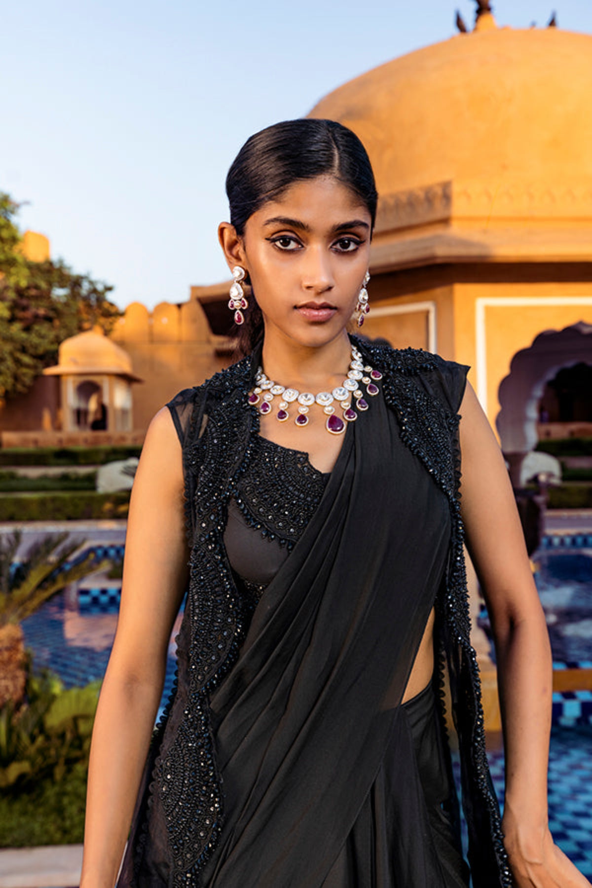 Retro Love Black Pre Draped Saree Set With Scallop Embellished Jacket