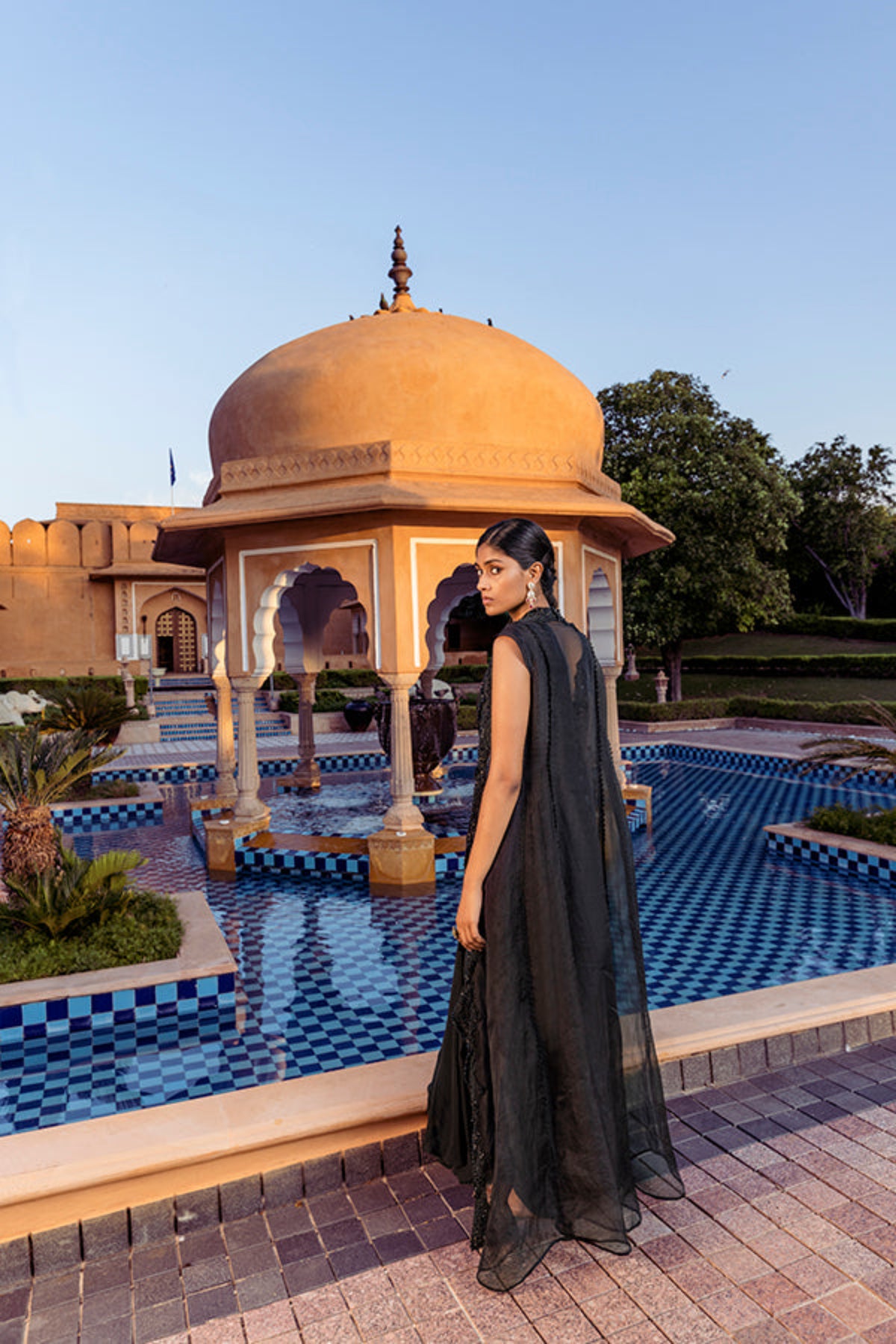 Retro Love Black Pre Draped Saree Set With Scallop Embellished Jacket
