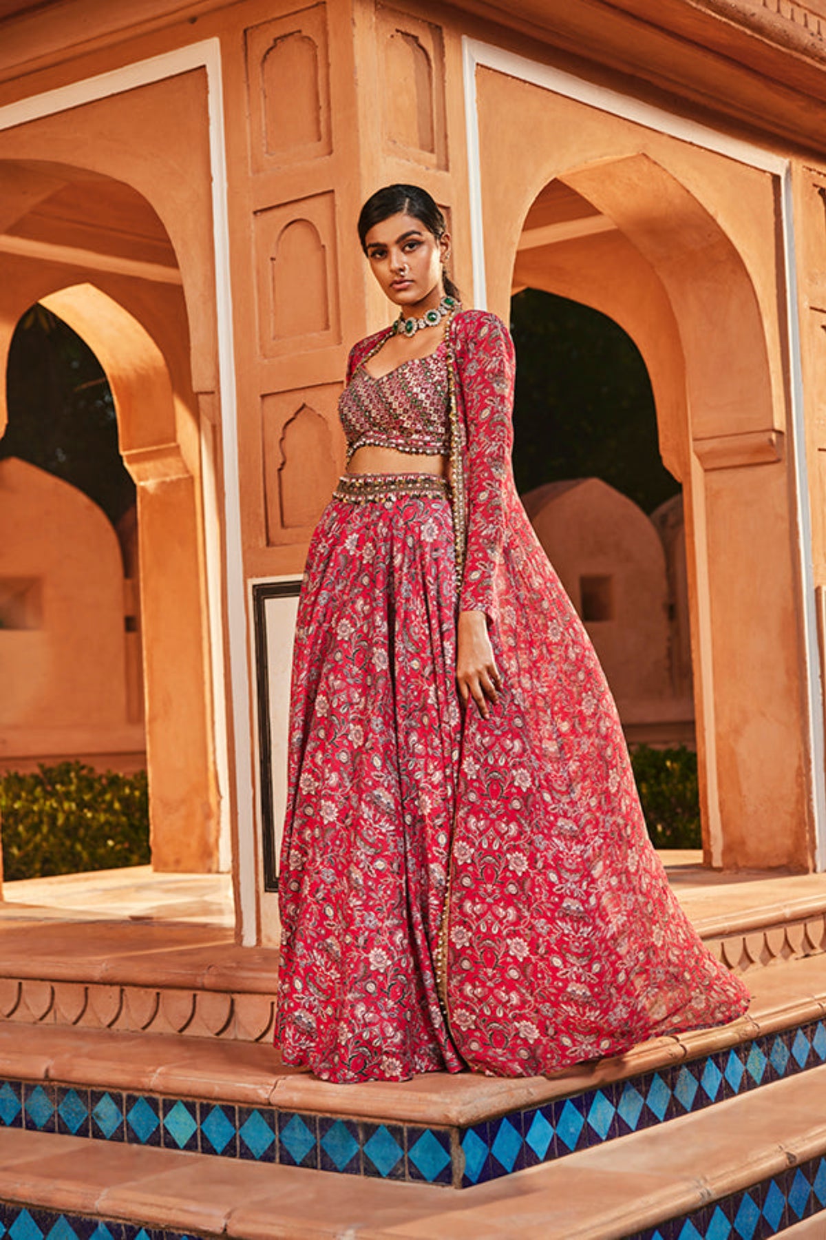 Retro Love Pink Embellished Printed Jacket &amp; Skirt Set