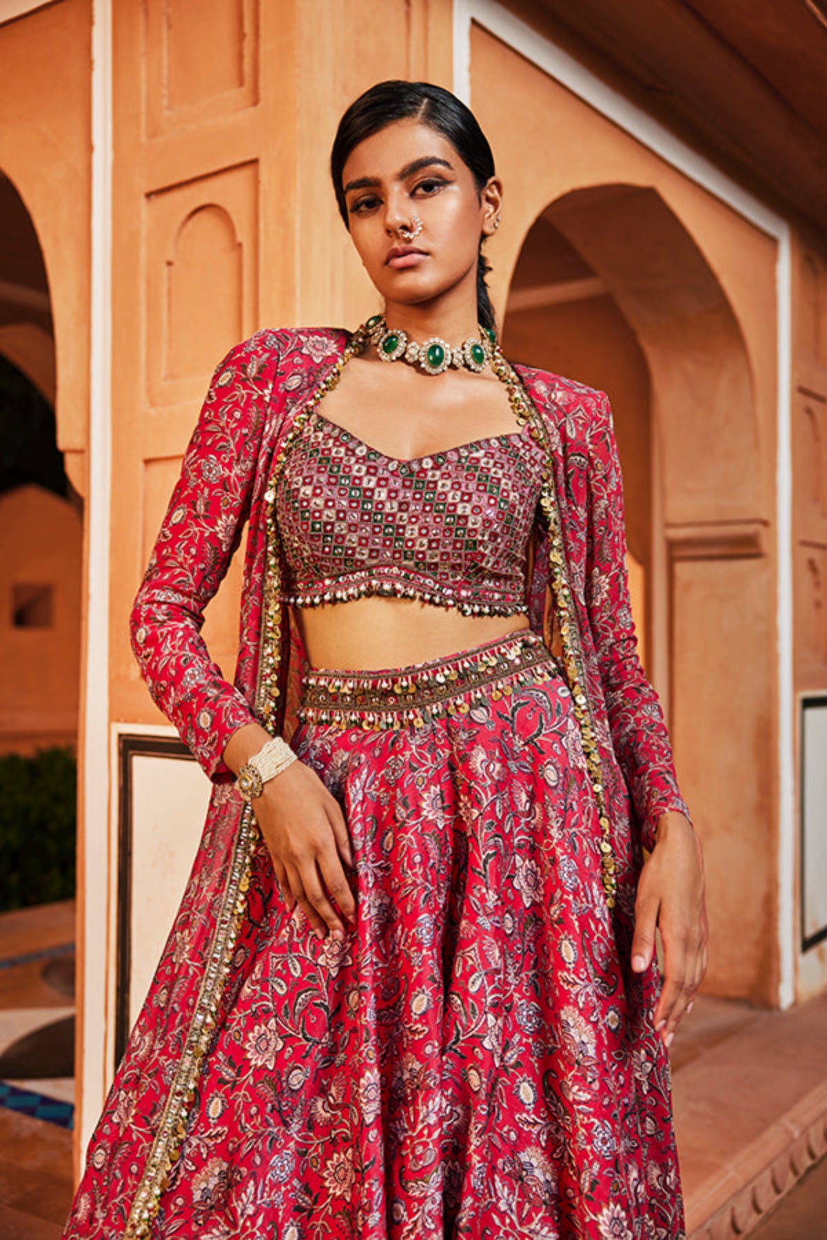 Retro Love Pink Embellished Printed Jacket &amp; Skirt Set