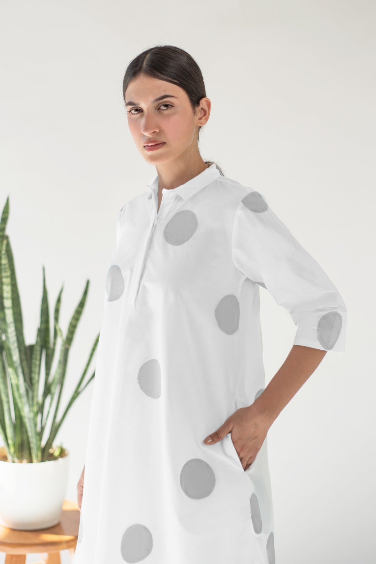 White Polka Tunic With Grey Pant