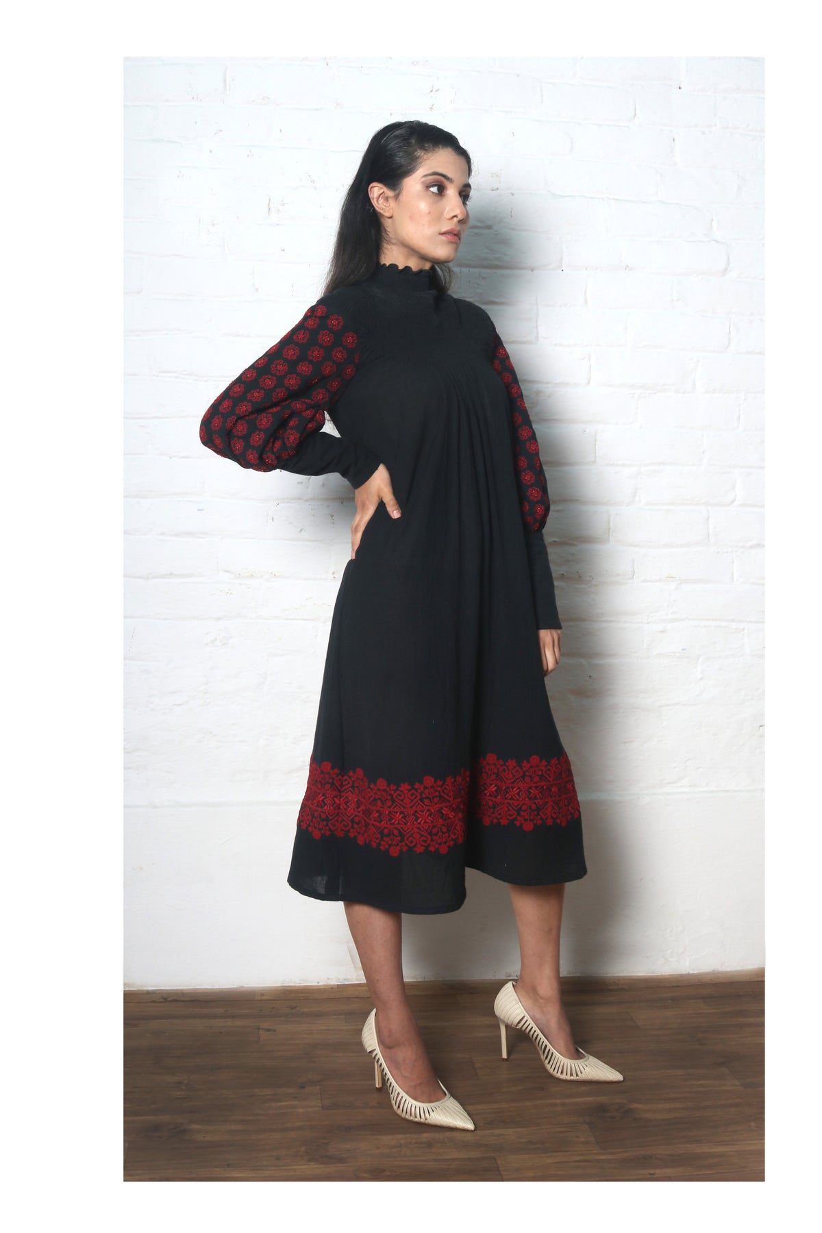 Black smocked kala cotton dress