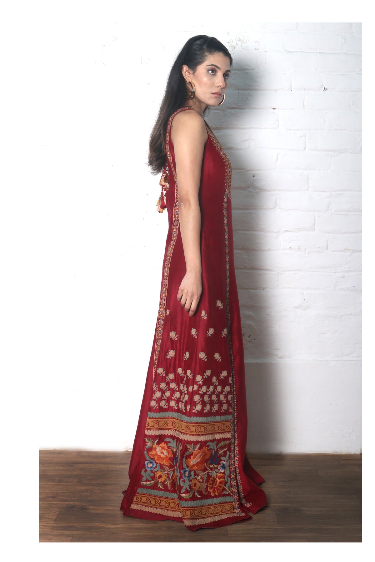 Red chanderi maxi dress