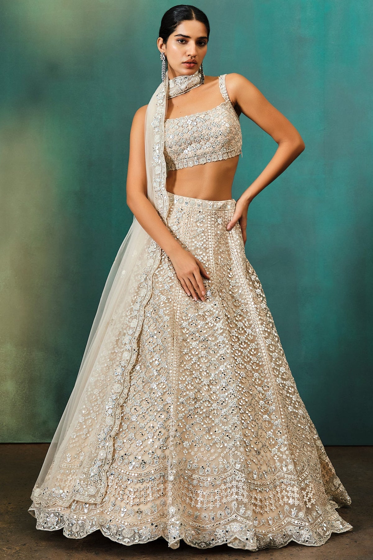 Blush Checks Floral Net Lehenga Set