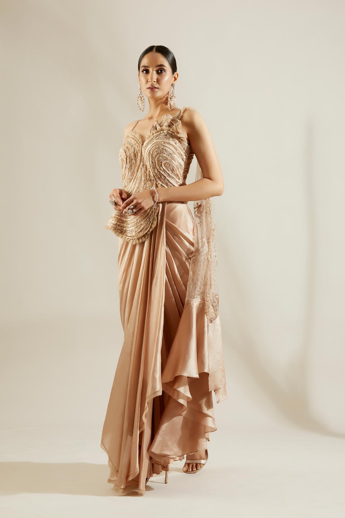 Gold dhoti pre-draped saree