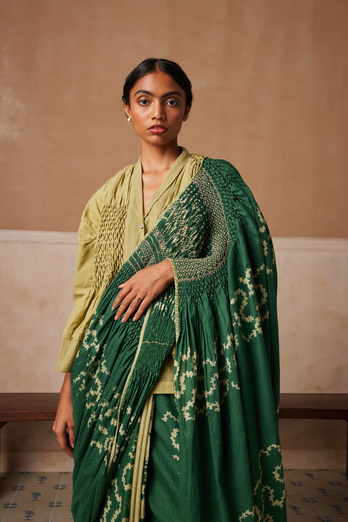 Emerald Spiral Smocked Saree With Top