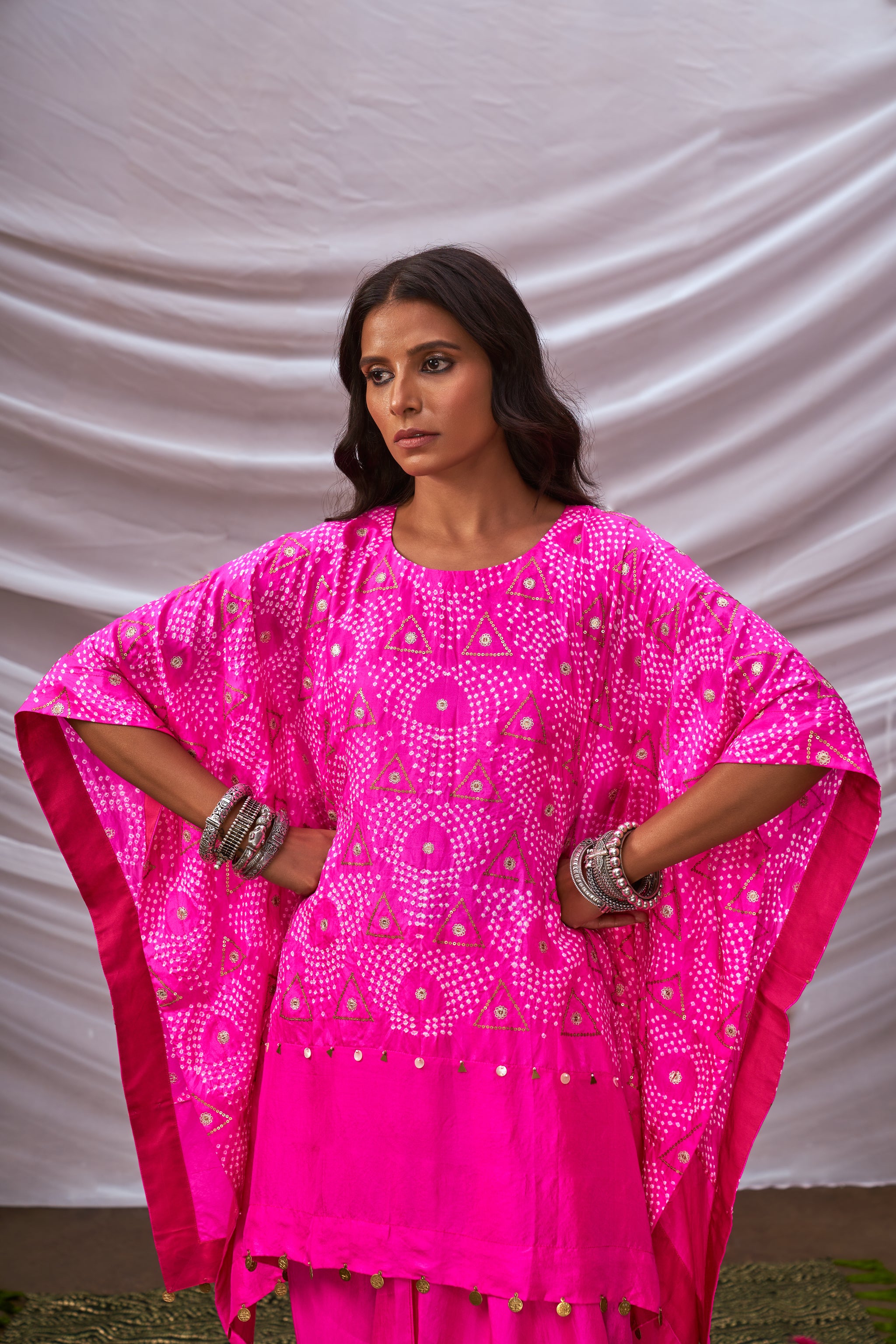 hot pink kaftan dress Farah Hot Pink Ombre Print Fur Sleeve Kaftan Dress House Of Haniya