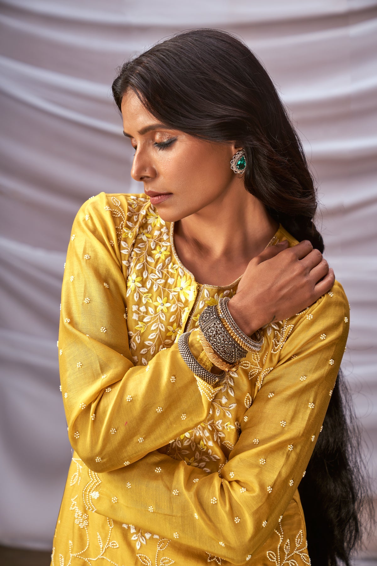 Mustard embroidered kurta set
