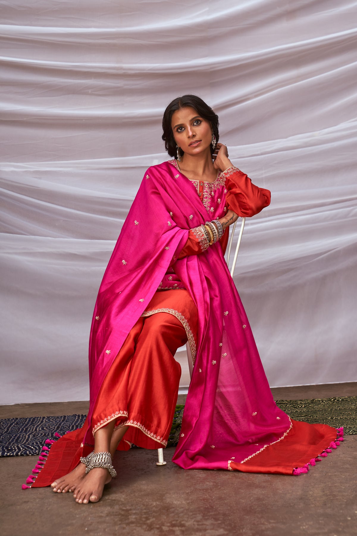 Rani red embroidered kurta set