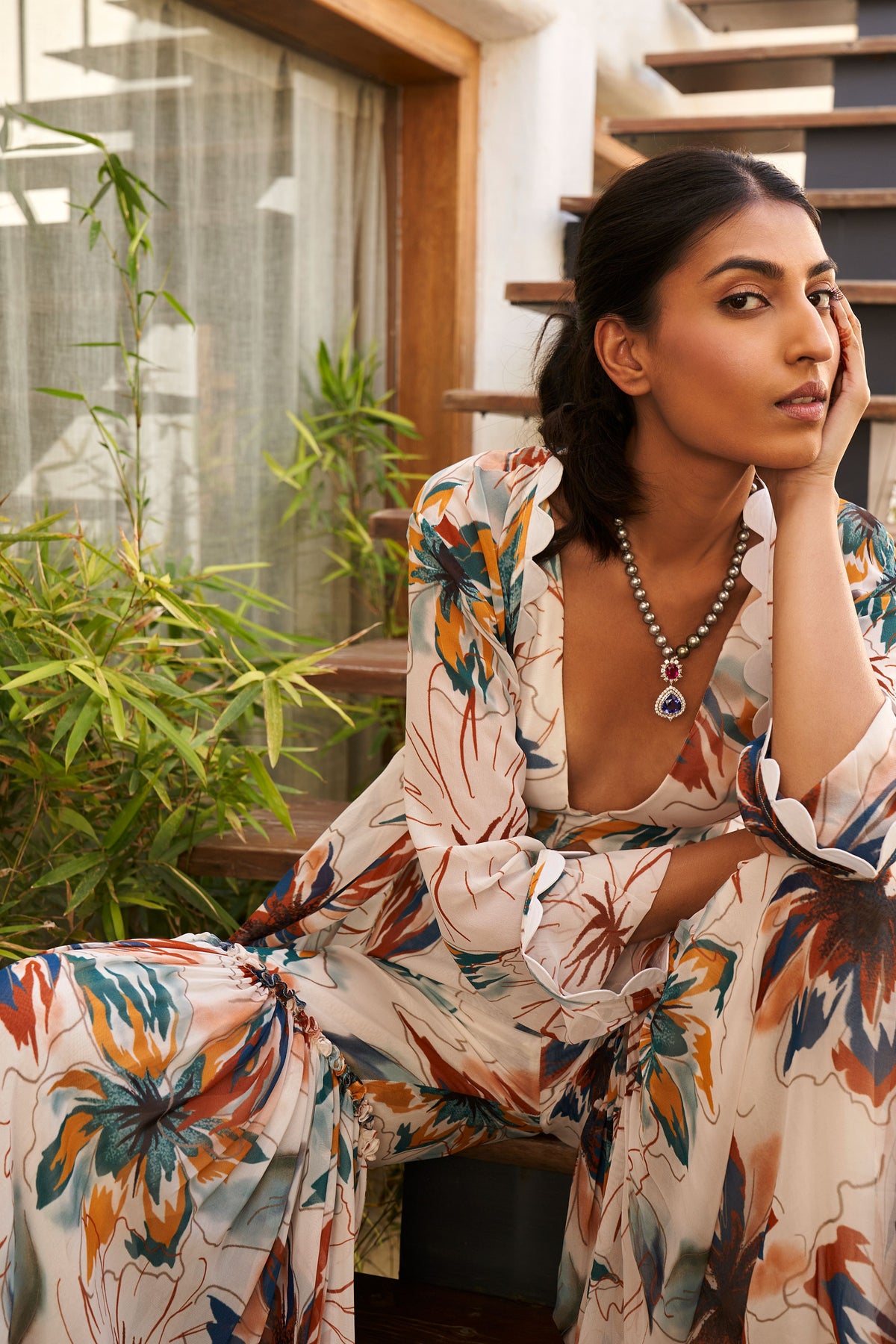 Summer Flower Ivory Sharara Set With Overlay