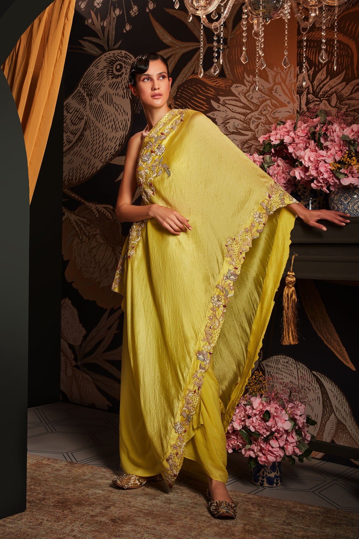 Charteuse One Shoulder Drape Set