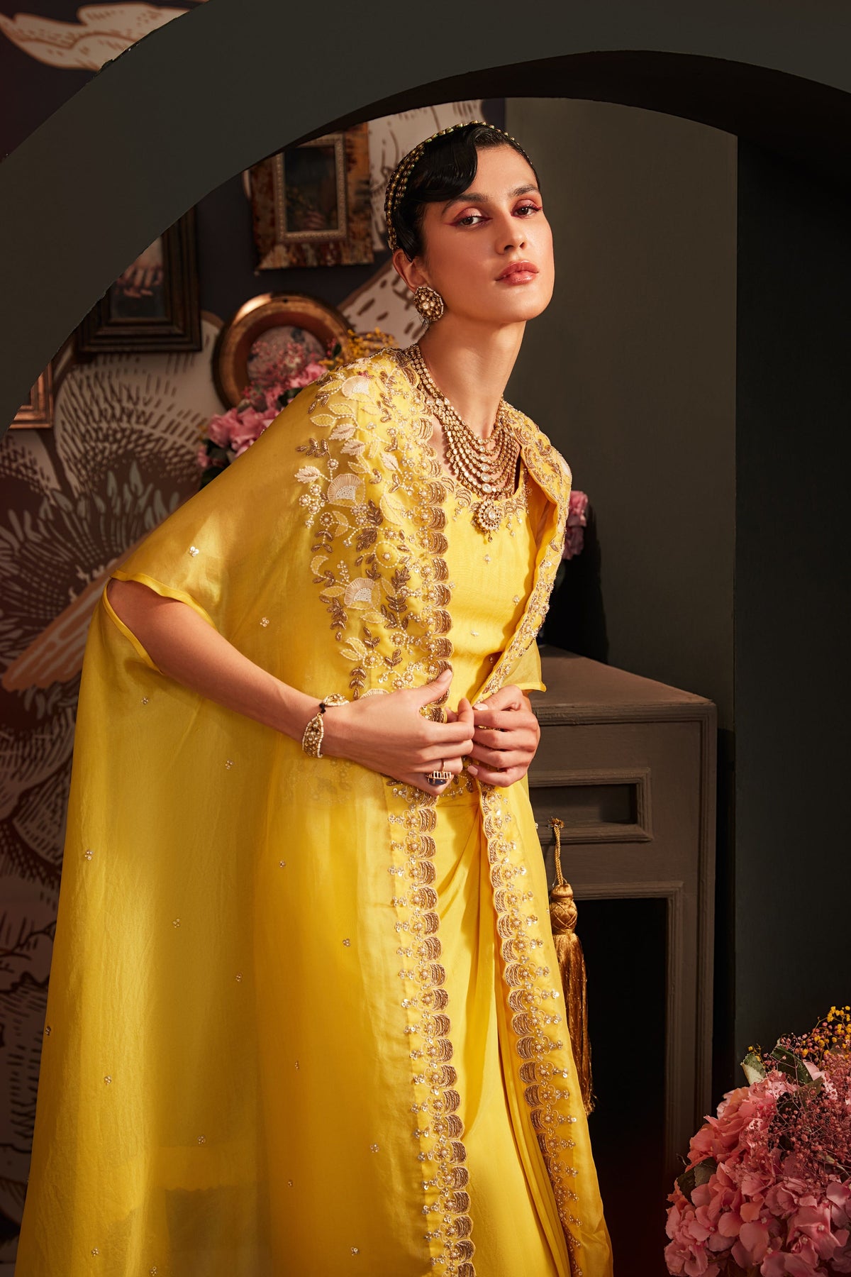 Yellow Organza Cape Set