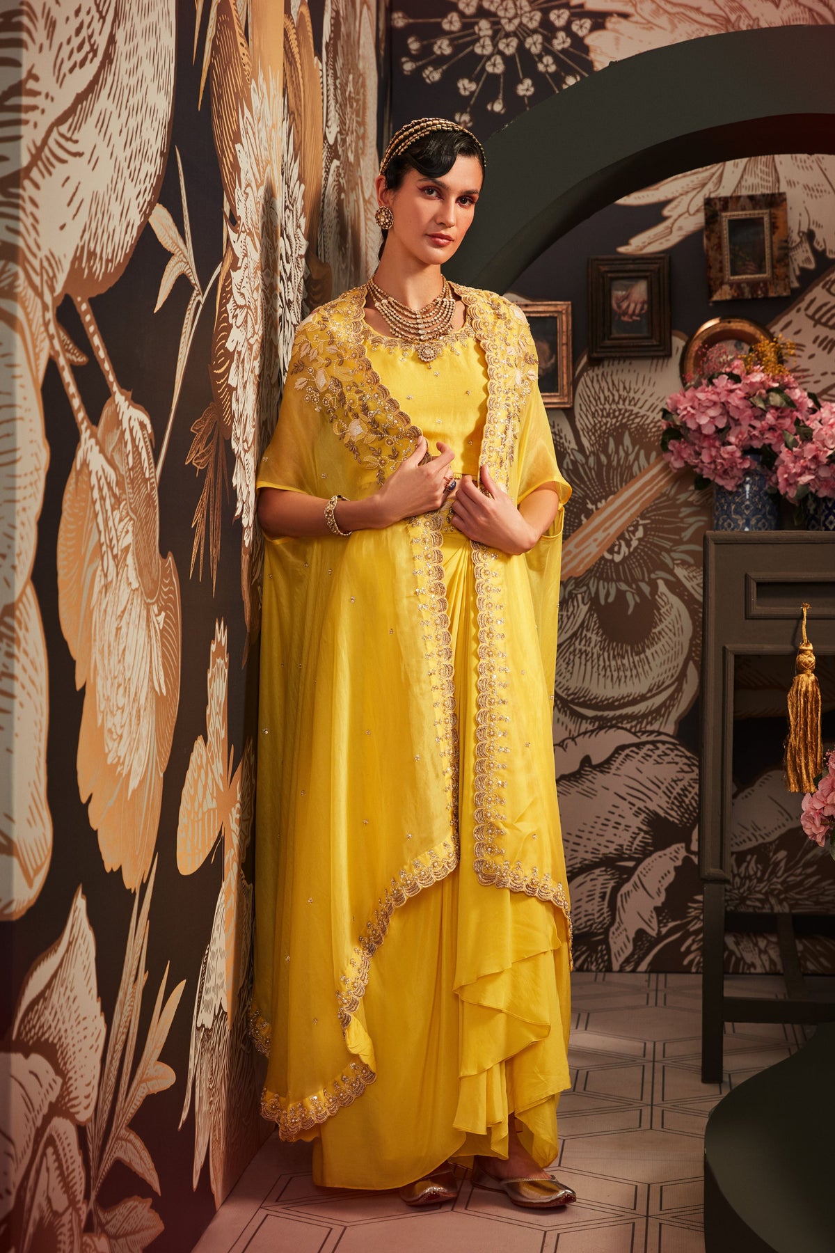 Yellow Organza Cape Set