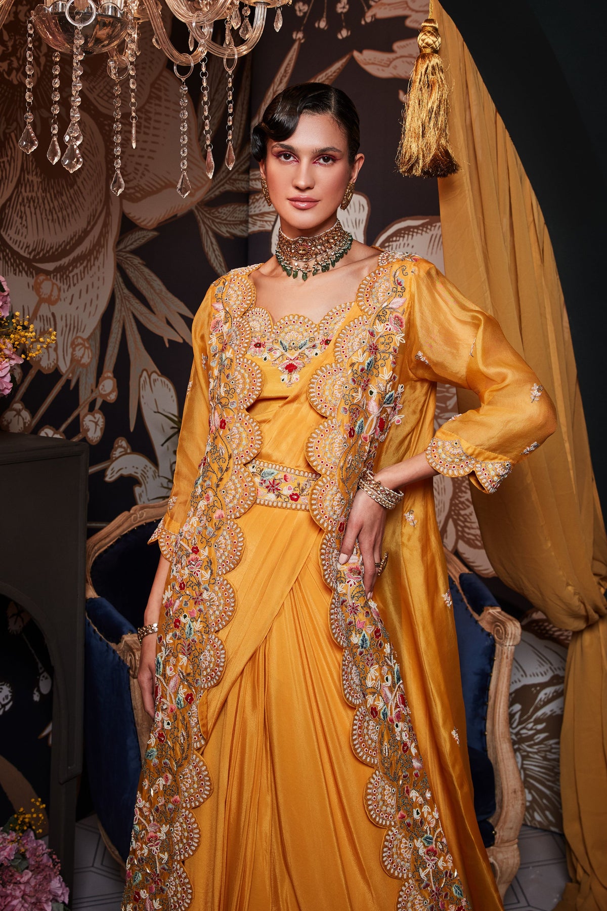 Yellow Drape Saree With Jacket Set